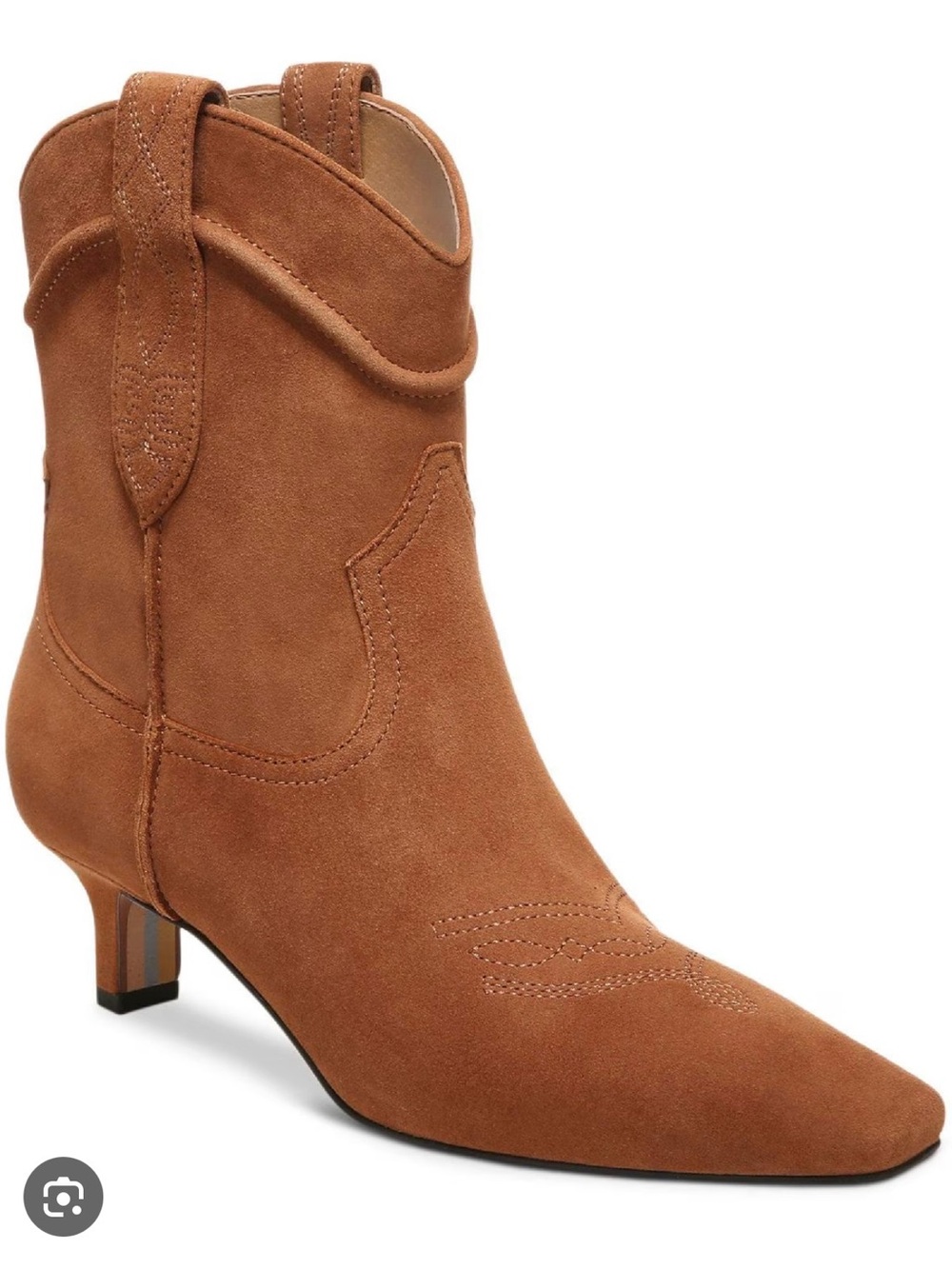 Sam Edelman Suede Western-Inspired Ankle Boot in Cognac read description